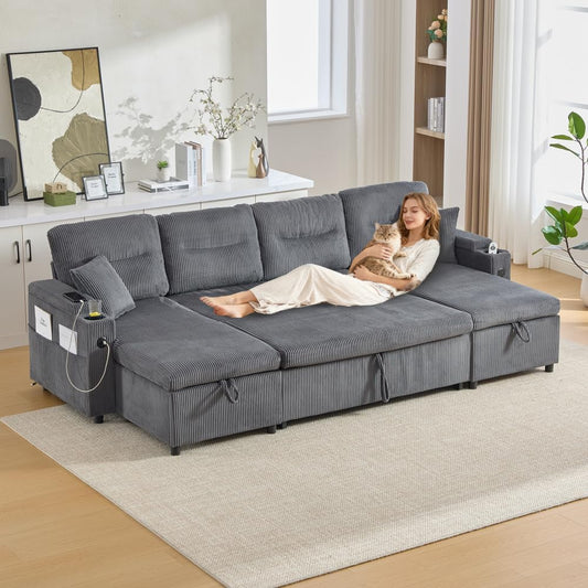 divano, 272 × 136 × 86 cm, grigio, Lubvtti, Lubvtti Divano letto 4 posti con portabicchieri