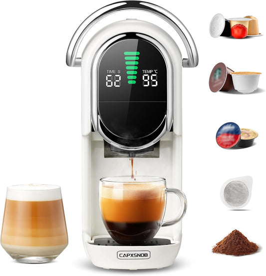 macchina da caffè, 27,4 × 14,4 × 28,5 cm, 1450W, con illuminazione LED, bianco, CAPXSNOB, ESE 44 Cialde e Caffè Macinato, 20 Bar, Display LED