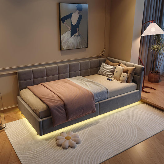divano, 90 × 200 cm, con illuminazione LED, grigio, BSMGSGN, Letto Singolo 90x200, 90x200 cm)