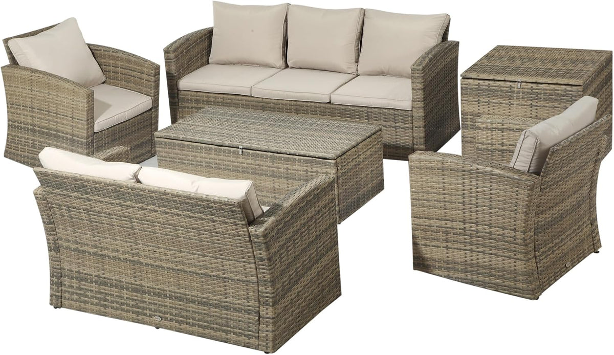 Outsunny Set da conversazioni, 6 pezzi, beige, per il giardino, Salotto da Giardino con 2 Tavolini Contenitore