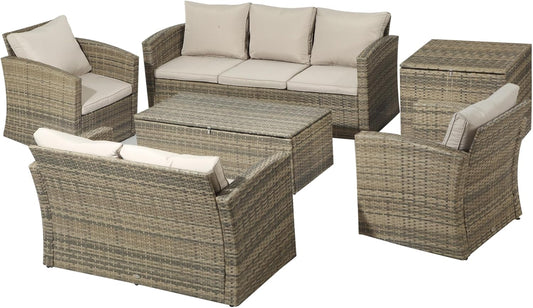 Outsunny Set da conversazioni, 6 pezzi, beige, per il giardino, Salotto da Giardino con 2 Tavolini Contenitore