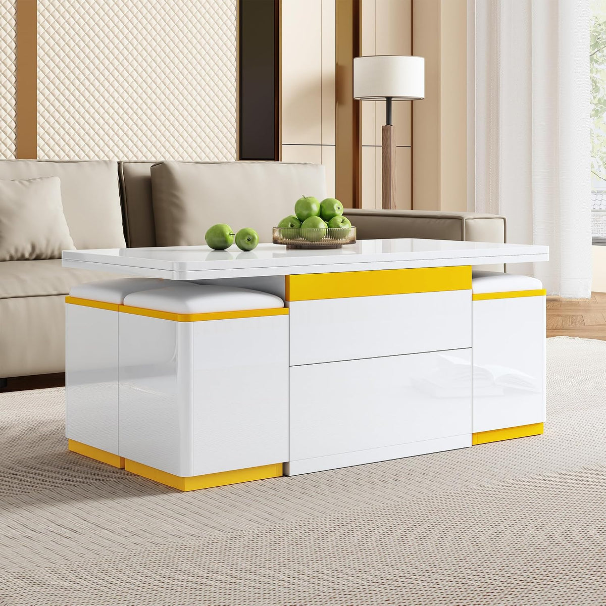 tavolo, 100 × 50 × 43 cm, regolabile, con cassetti, con ripiani, bianco, per il soggiorno, Lumivortex