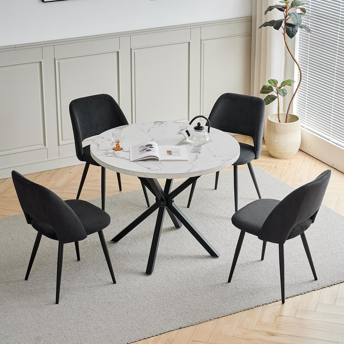 tavolo, 100cm, nero, per la cucina, per l'ufficio, DEYARNA HOME, Tavolo da Pranzo Rotondo 100cm con 4 Sedie in Velluto a Coste, per Cucina