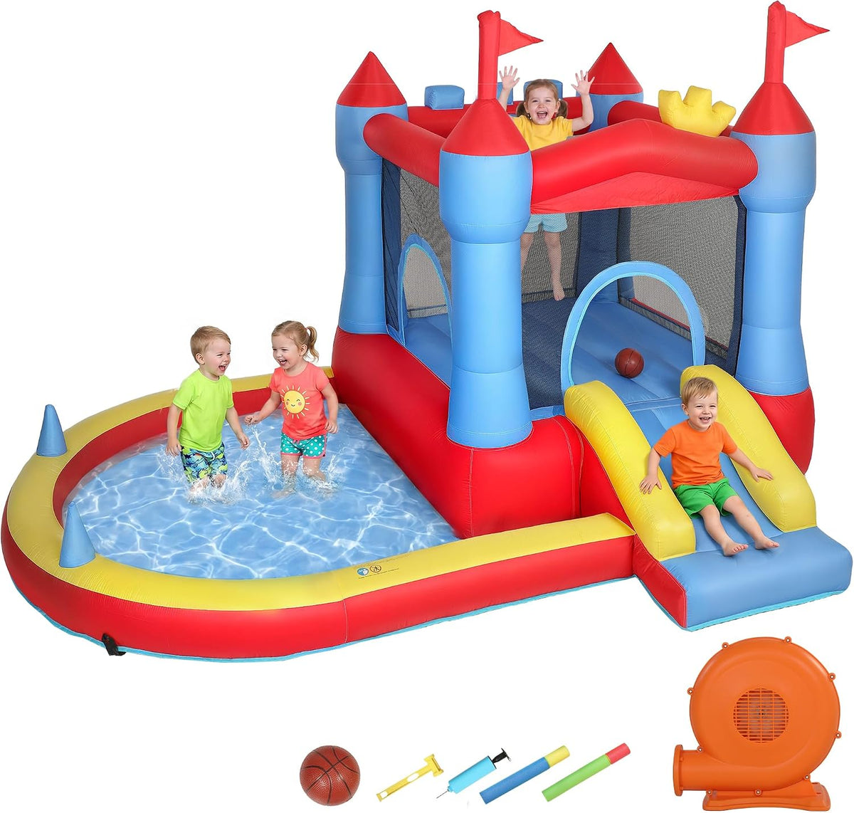 Giochi e castelli gonfiabili, 342 × 255 × 209 cm, AIYAPLAY, AIYAPLAY Castello Gonfiabile per Bambini 4 in 1, 3-8 Anni, 342x255x209 cm