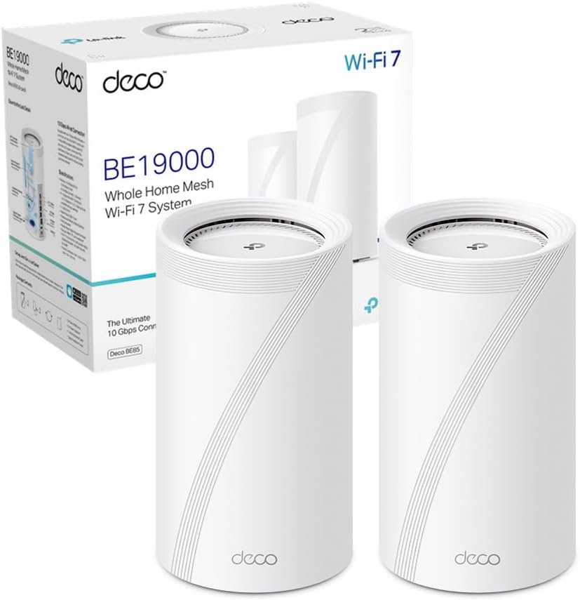 Router BE85, con WiFi, TP-Link, BE19000Mbps Tri-Band, Canali 320 MHz, Porta 10Gbps Combinata Ethernet/Fibra, Funziona con Qualsiasi ISP e Modem