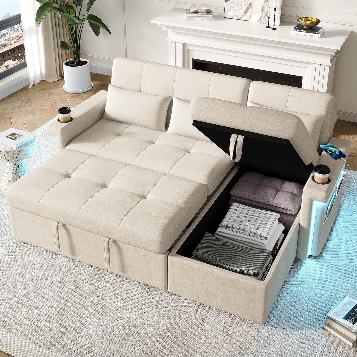 divano, 209 × 141.5 × 90cm, con illuminazione LED, regolabile, controllo smart, beige, Cayipng, Divano letto 3 posti, 2 portabevande, 3 cuscini