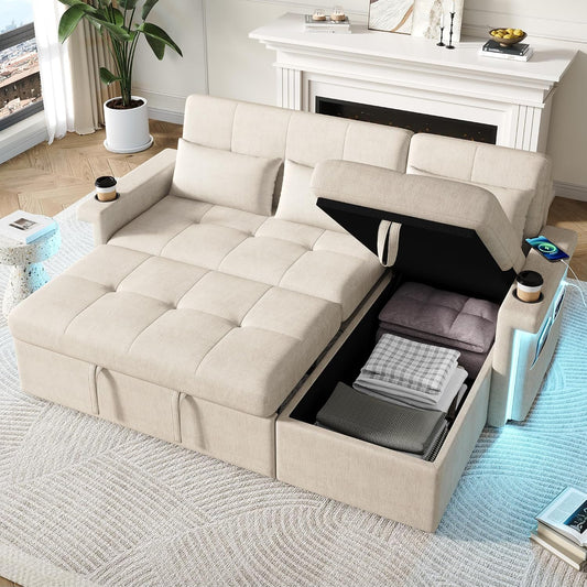 divano, 209 × 141.5 × 90cm, con illuminazione LED, regolabile, controllo smart, beige, Cayipng, Divano letto 3 posti, 2 portabevande, 3 cuscini