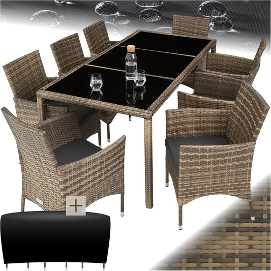 tavolo da giardino, 190 × 90 × 75 cm, grigio, per il giardino, per la terrazza, tectake, 8 Sedie, 1 Tavolo