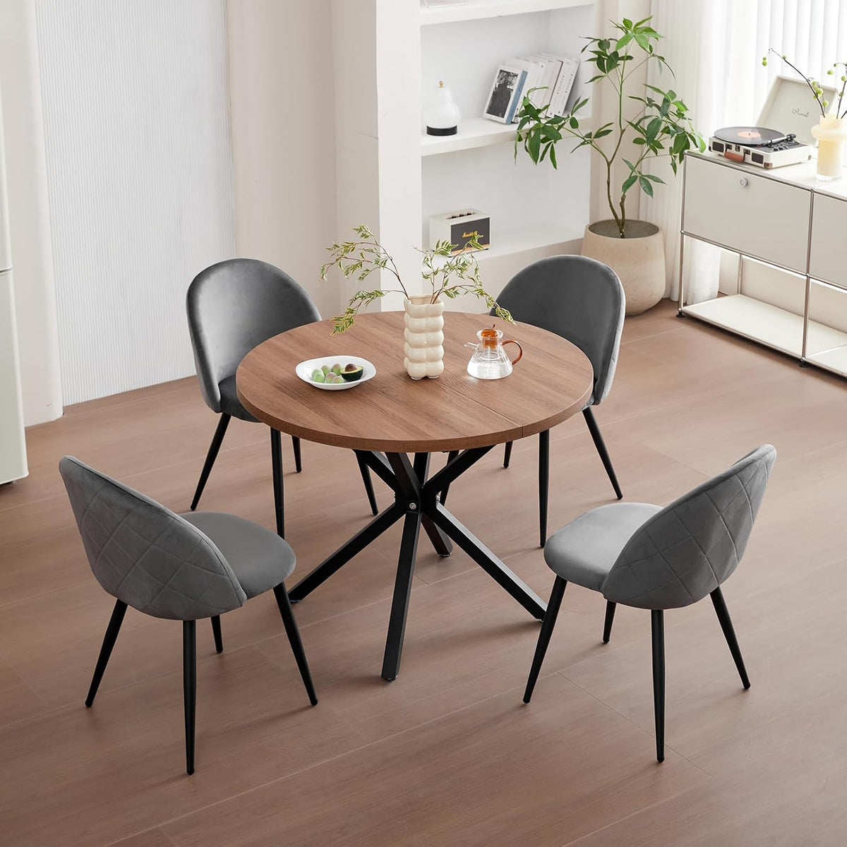 tavolo, 100 cm, legno, grigio, per la cucina, per il soggiorno, GrandCA HOME, Tavolo Rotondo da 100 cm e 4 Sedie in Velluto Nordico