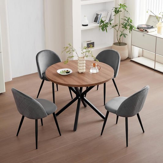 tavolo, 100 cm, legno, grigio, per la cucina, per il soggiorno, GrandCA HOME, Tavolo Rotondo da 100 cm e 4 Sedie in Velluto Nordico