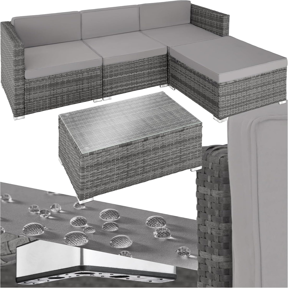 tavolo, 34 cm, 120kg, grigio, per il giardino, tectake, Set da Giardino con 3 Poltrone, 1 Pouf e 1 Tavolo, Cuscini Spessi 8cm