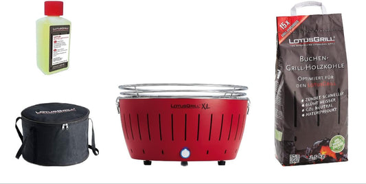 barbecue, 2,5 kg, 200 ml, LotusGrill, 1 griglia, 1 carbone di faggio da 2, 1 pasta combustibile da 200 ml, 1 borsa per il trasporto (Red)
