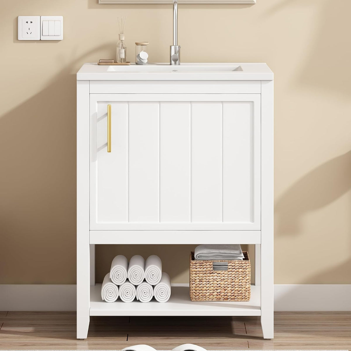 Mobili a terra, 60 cm, bianco, Mielvu, con lavabo in ceramica
