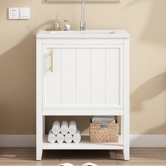 Mobili a terra, 60 cm, bianco, Mielvu, con lavabo in ceramica