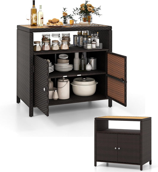 armadio, 90 × 53 × 86 cm, legno, marrone, per la cucina, per il giardino, KOMFOTTEU, Armadietto Basso con Piano di Lavoro in Legno e Ripiano Aperto