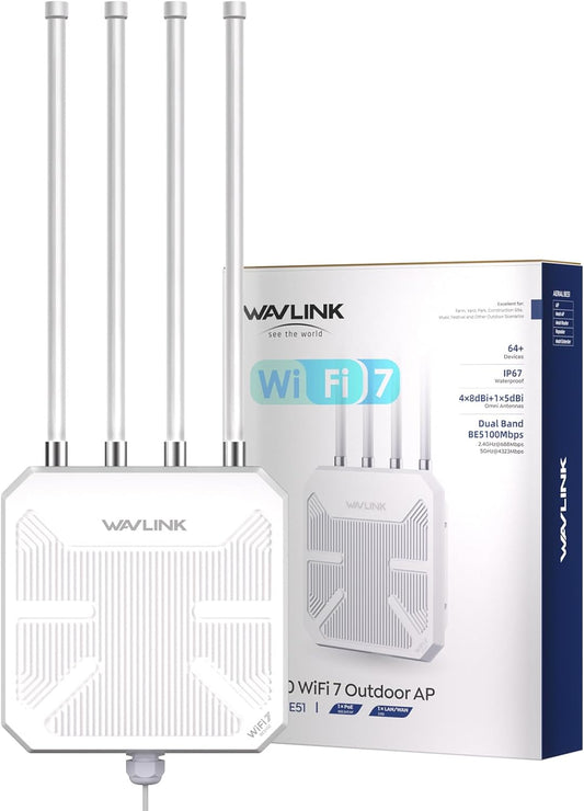 Access point wireless BE5100, con WiFi, WAVLINK, IP67 Impermeabile, ESD 15KV, Protezione Fulmini 4KV, Antenne 8dBi